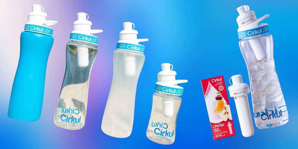 various cirkul water bottles and an example of their sip cartridge