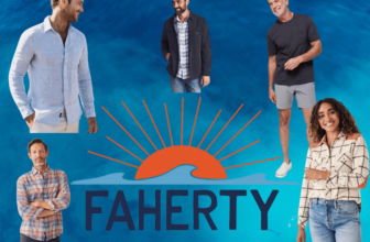 a collage of faherty products over a blue background