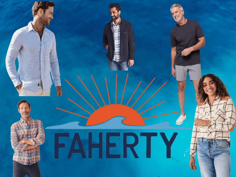 a collage of faherty products over a blue background