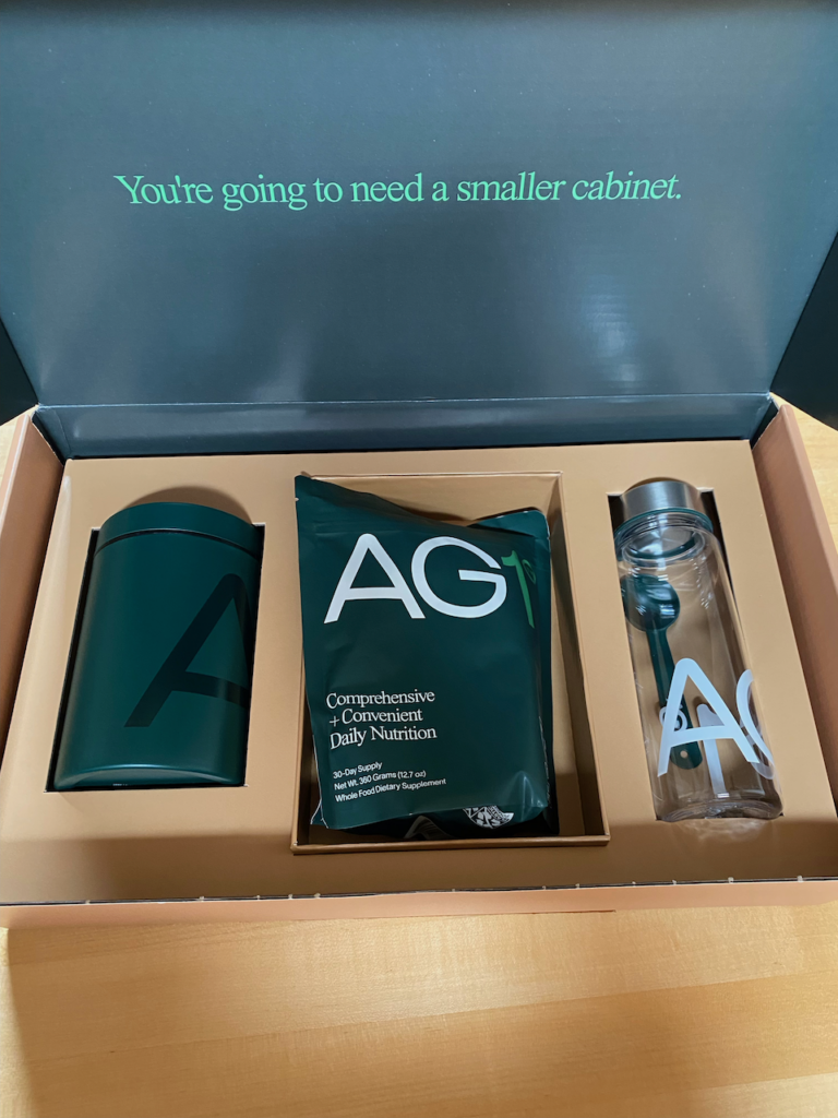 a box with ag1 welcome kit inside
